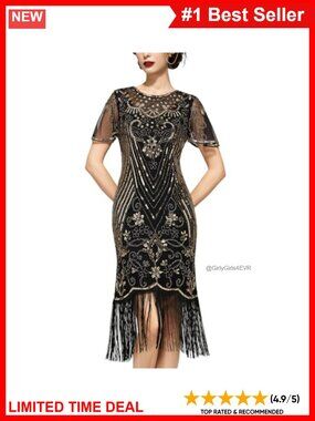 1920s Flapper Dress Mesh Sequin Fringe Crew Neck Short Sleeve Great Gatsby Prom
